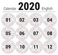 Calendar 2020. Vector English round calender. January, February, March, April, May, June, July, August, September, October, Royalty Free Stock Photo