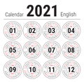 Calendar 2021. Vector English round calender. January, February, March, April, May, June, July, August, September, October, Royalty Free Stock Photo