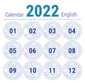 Calendar 2022. Vector English round calender. January, February, March, April, May, June, July, August, September, October,