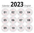 Calendar 2023. Vector English round calender. January, February, March, April, May, June, July, August, September