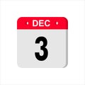 Calendar vector icon on white background. December 3. Royalty Free Stock Photo