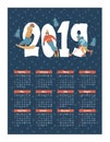 Calendar year 2019. Vector illustration. A set of characters engaged in winter sports and recreation.
