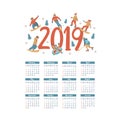 Calendar year 2019. Vector illustration. A set of characters engaged in winter sports and recreation.