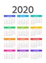 2020 Calendar. Vector illustration. Template year pocket planner