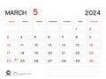 Calendar 2024 Vector- March 2024 year planner template, Desk Calendar 2024 Design, Week Start On Sunday, Planner, Stationery,