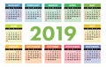 Calendar 2019. Vector template. English calender. Colorful set. Royalty Free Stock Photo