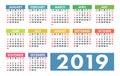 Calendar 2019. Vector template. English calender. Colorful set. Royalty Free Stock Photo