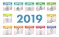 Calendar 2019. Vector template. English calender. Colorful set. Royalty Free Stock Photo