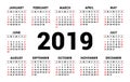 Calendar 2019. Vector template. English calender. Week starts on Royalty Free Stock Photo