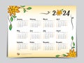 Calendar 2024 vector template yellow flowers design, Yearly calendar organizer for weeks, Week starts on sunday, Set of 12 months