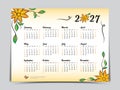 Calendar 2027 vector template yellow flowers design, Yearly calendar organizer for weeks, Week starts on sunday, Set of 12 months