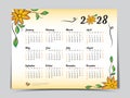 Calendar 2028 vector template yellow flowers design, Yearly calendar organizer for weeks, Week starts on sunday, Set of 12 months