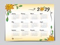 Calendar 2029 vector template yellow flowers design, Yearly calendar organizer for weeks, Week starts on sunday, Set of 12 months