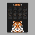 Calendar 2022, vertical wall poster, tiger face and chinese symbols happiness