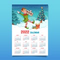 Calendar 2022, vertical wall poster, dancing cool christmas elf with audio recorder