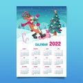 Calendar 2022, vertical wall poster, singing cool reindeer with microphone and christmas tree