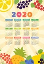 Calendar 2020. Wall poster. Organic healthy food. Color fruits and berries sketch menu. Fresh rowan, apple, lemon, pineapple, red