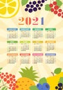 Calendar 2021. Wall poster. Organic healthy food. Color fruits and berries sketch menu. Fresh rowan, apple, lemon, pineapple, red
