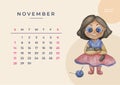 Calendar 2021 watercolor. November. Watercolor drawing - a cute brunette girl with a cat in her hands and a ball of