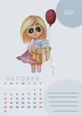 Calendar 2021 watercolor. October. Watercolor drawing - a cute girl with boxes of gifts and an air balloon in hands