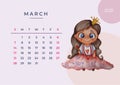 Calendar 2021 watercolor. Template for March 2021. Watercolor - cute girl fashionista with lipstick in her hands. Design