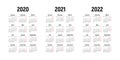 calendar 2020, 2021 and 2022, week starts on Monday Royalty Free Stock Photo