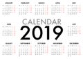 Calendar for 2019 Week Starts Monday. Simple Vector Template Royalty Free Stock Photo