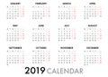 Calendar for 2019 Week Starts Monday. Simple Vector Template Royalty Free Stock Photo