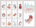 Calendar 2020 with Woodland characters. Cute forest animals.