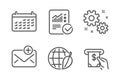 Calendar, Work and Environment day icons set. Checked calculation, New mail and Atm service signs. Vector