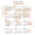 Calendar 2020 with world map. Week starts on Monday