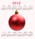 Calendar of year 2010 with a Christmas ball Royalty Free Stock Photo