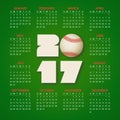 Calendar for 2017 Year with baseball ball on bright green background. Sport, games theme. Week starts from sunday.