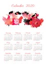 Calendar for 2020 year. Beautiful design with ensemble of Spanish dance. Four beautiful black-haired girls in red dresses dancing