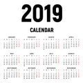 Calendar 2019 year. Black and white vector template. Week starts on Sunday. Basic grid. Pocket square calender. Ready design Royalty Free Stock Photo