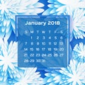 Calendar 2018 Year. Blue White January. Origami Flower. Paper Cut Style. Week Starts From Sunday. Winter Floral