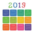 Calendar 2019 year. Colorful pocket square calender. Chalk, pencil or brush. Multicolor vector template. Ready design. Week start