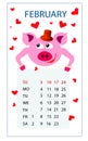 Calendar 2019 year february pink pig in red hearts in love on saint valentine`s day