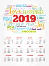 Calendar for 2019 year, greeting word cloud Royalty Free Stock Photo