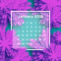 Calendar 2018 Year. Neon Purple January. Origami Flower. Paper Cut Style. Week Starts From Sunday. Winter Floral