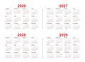 Calendar From 2026, 2027, 2028, 2029 Years Template. Calendar Mockup Design In Black And White Colors, Holidays In Red Colors