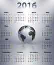 Calendar for 2016 year in Spanish with the world globe