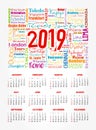 Calendar for 2019 year, travel cities word cloud Royalty Free Stock Photo