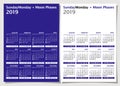 Calendar 2019 year vector design template. Simple minimalism style. Week starts from Sunday. Moon Phases