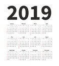 Calendar 2019 year vector design template. Simple minimalizm style. Week starts from Sunday. Portrait Orientation. Set