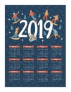 Calendar year 2019. Vector illustration. A set of characters engaged in winter sports and recreation. Royalty Free Stock Photo