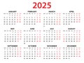 Calendar 2025 year vector illustration, Set of 12 calendar, week starts on Monday, Simple planner template, desk calendar 2025