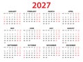 Calendar 2027 year vector illustration, Set of 12 calendar, week starts on Monday, Simple planner template, desk calendar 2027