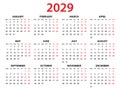 Calendar 2029 year vector illustration, Set of 12 calendar, week starts on Monday, Simple planner template, desk calendar 2029