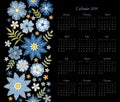 Calendar for 2019 year. Week starts on sunday. Vector template with floral ornament of blue embroidered flowers.